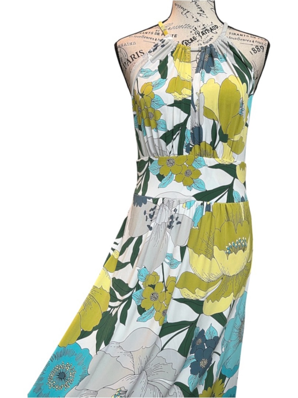 London Times Teal, Lime & White Floral Halter Maxi Dress